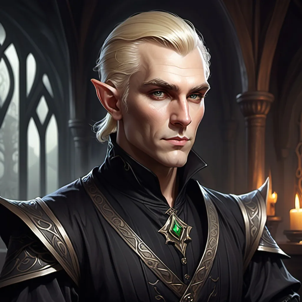 Prompt: Dungeons and dragons, fantasy art, older male, Elf, slicked back short blonde hair, black fancy nobles outfit, fantasy brothel,