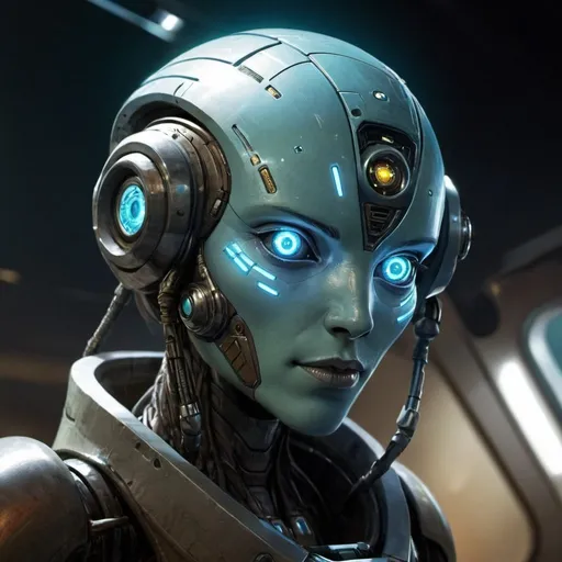 Prompt: Sci-fi, starfinder, space faring, android, robot, hard light projected face,