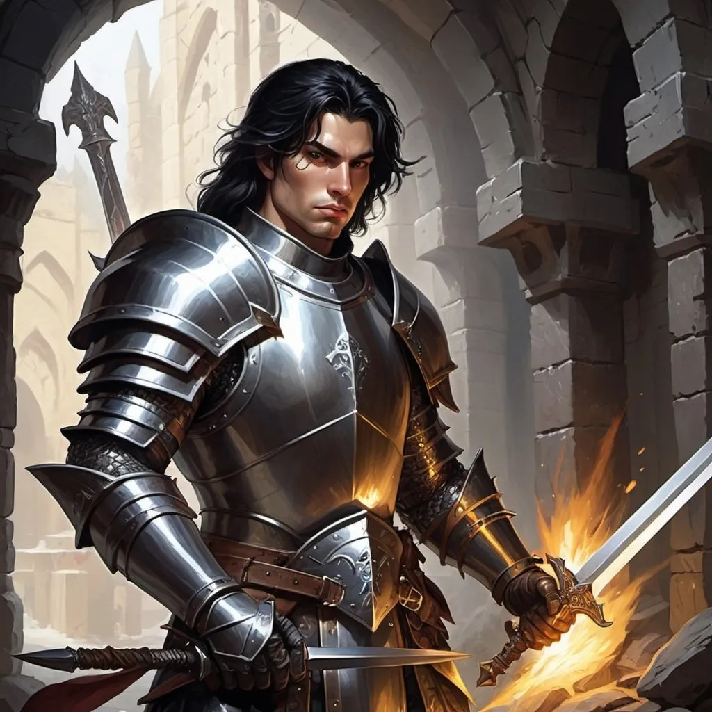 Prompt: dungeons and dragons, fantasy art, Human Male, Paladin, black hair, square jaw, Shiny plate mail armor, Holy sword, Adventurer, dark dank dungeon,