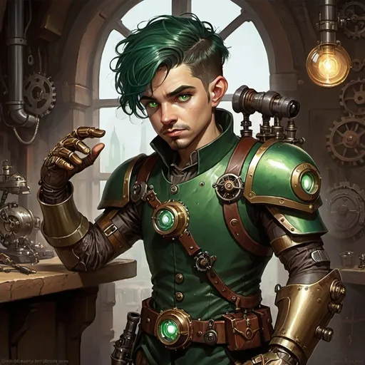 Prompt: dungeons and dragons, fantasy art, Halfling male, artificer, dark green hair, prosthetic clockwork arm, hazel eyes, workshop, tinkerer, clockwork iron-man suit, steampunk fantasy