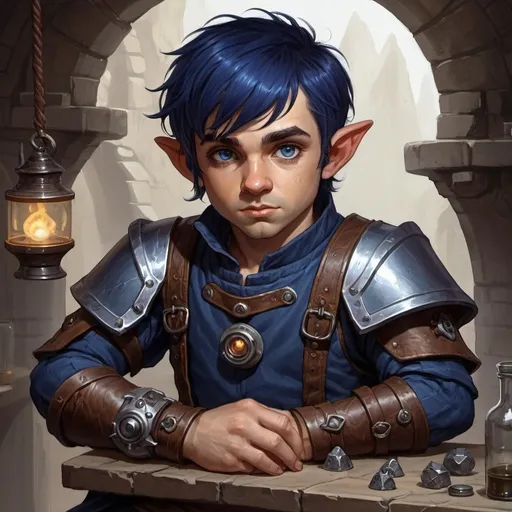 Prompt: dungeons and dragons, fantasy art, Halfling male, artificer, dark blue hair, artificial arm, hazel eyes, workshop, tinkerer