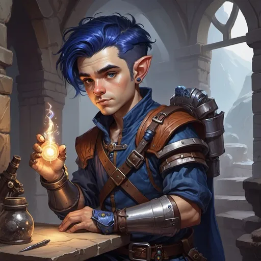 Prompt: dungeons and dragons fantasy art Halfling male artificer with dark blue  hair artificial arm workshop tinkerer