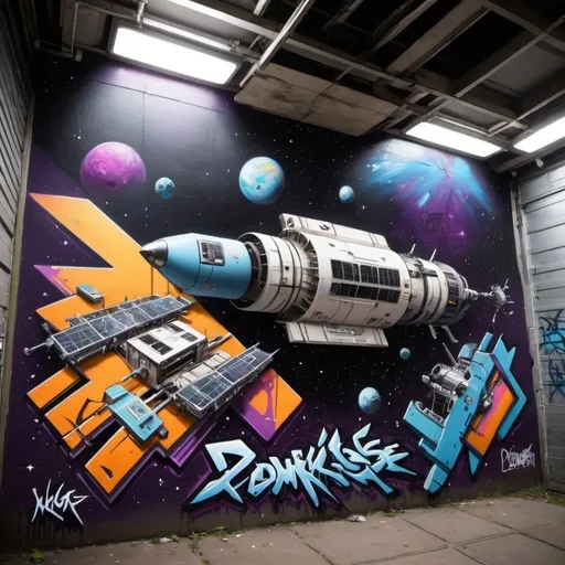 Prompt: sci-fi, space faring, Space station, graffiti the phrase "Downside Kings"