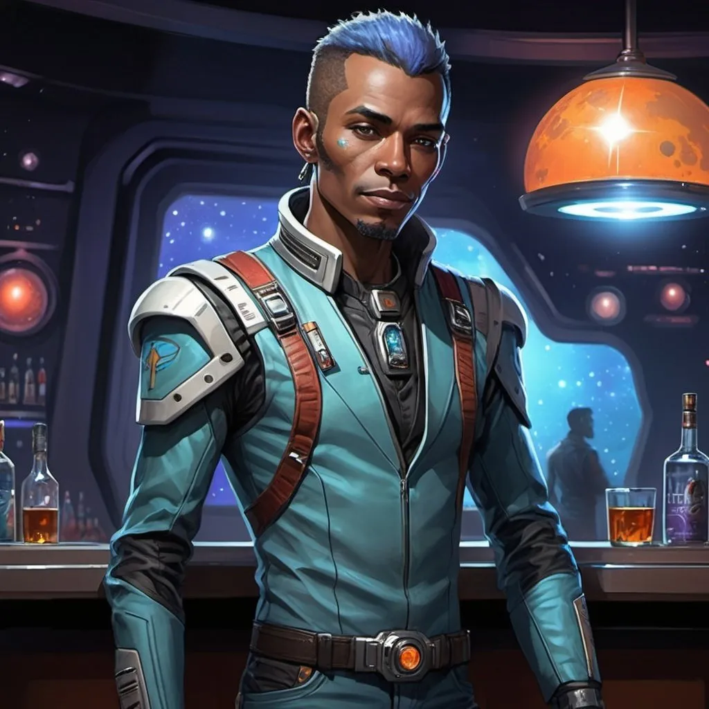 Prompt: Sci fi starfinder space faring Skinny Human man named slim night club bartender