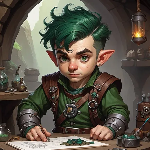 Prompt: dungeons and dragons fantasy art Halfling male artificer with dark green hair workshop tinkerer
