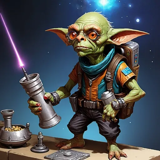 Prompt: Sci-fi starfinder space faring piazo Space-goblin shopkeep junk dealer