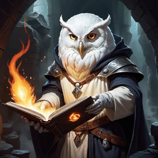 Prompt: dungeons and dragons, fantasy art, white Owlin, wizard, floating spellbook, casting fire ball, dark dank dungeon,