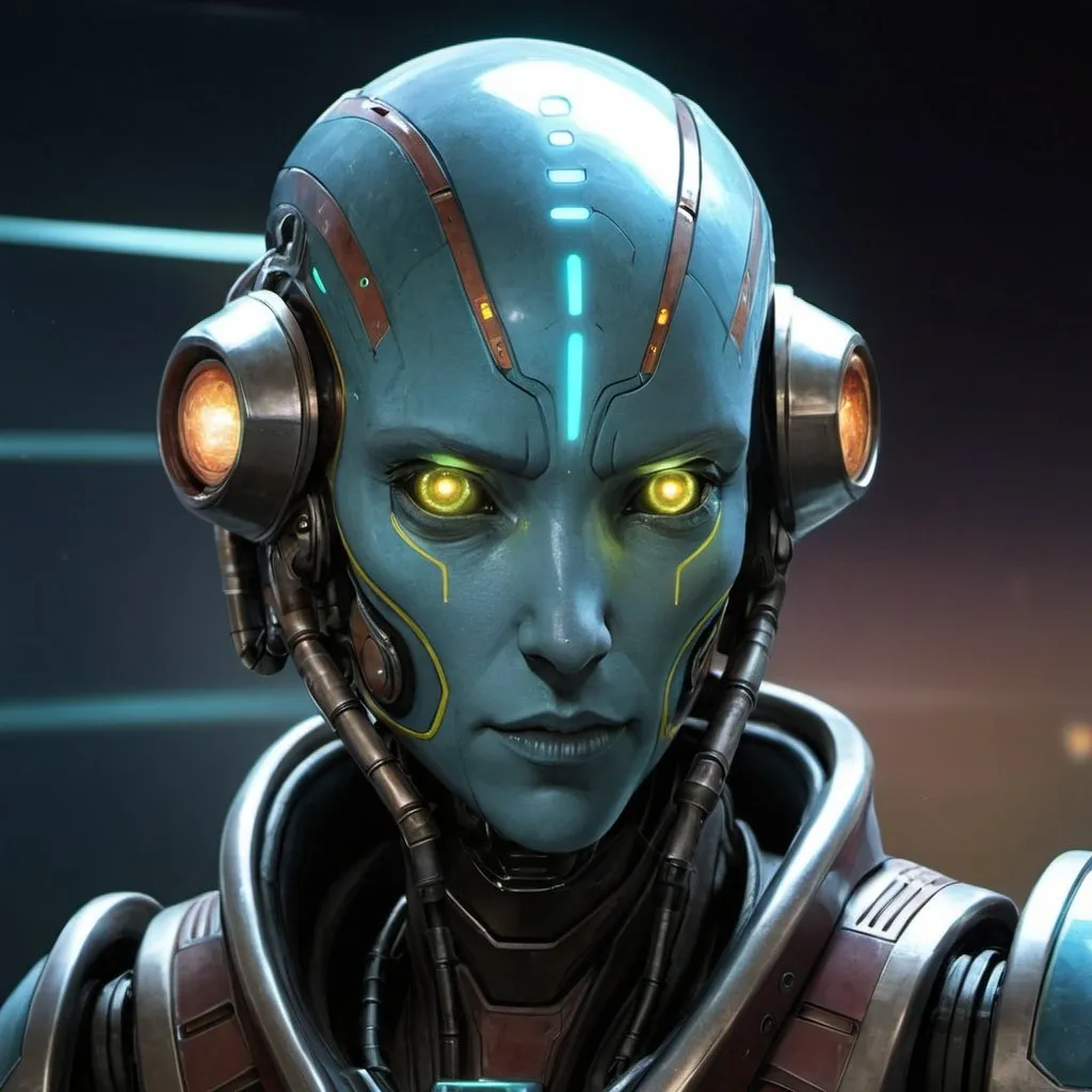 Prompt: Sci-fi, starfinder, space faring, android, robot, hard light projected face,