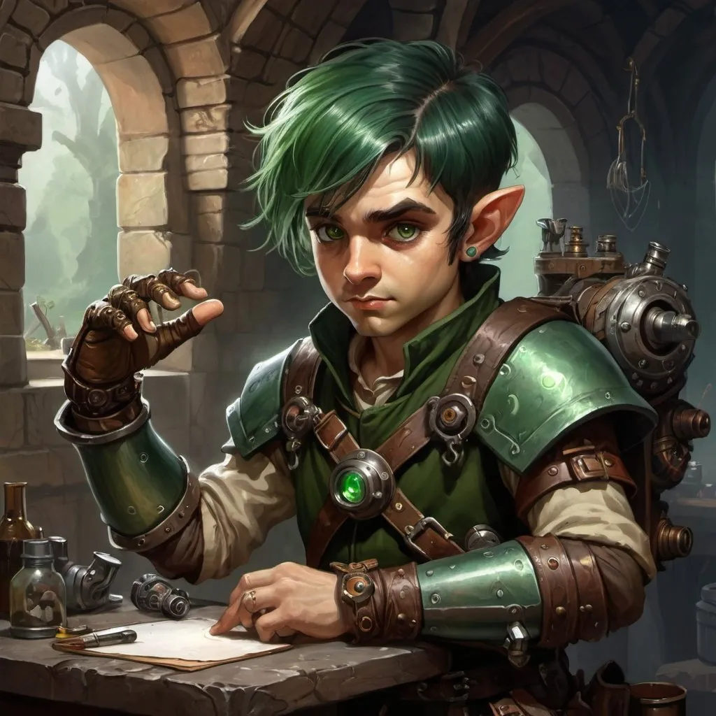 Prompt: dungeons and dragons, fantasy art, Halfling male, artificer, dark green hair, prosthetic clockwork arm, hazel eyes, workshop, tinkerer