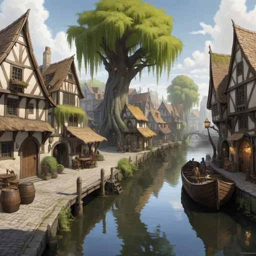 Prompt: dungeons and dragons, Fantasy art, large bustling fantasy city, Warf, dockside, dirty thatch buildings, cobblestone street, willow tree overlooking large circular pond 