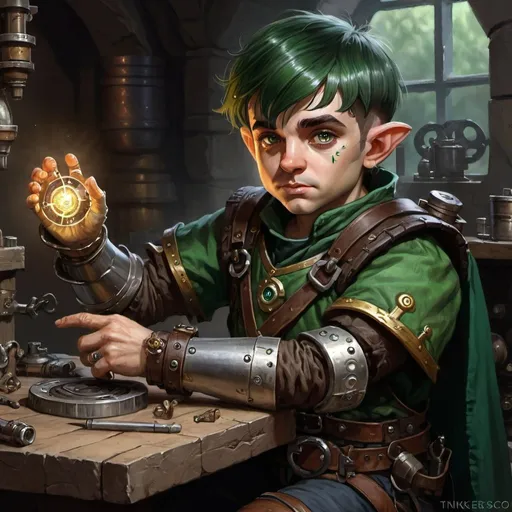 Prompt: dungeons and dragons, fantasy art, Halfling male, artificer, dark green hair, prosthetic clockwork arm, hazel eyes, workshop, tinkerer