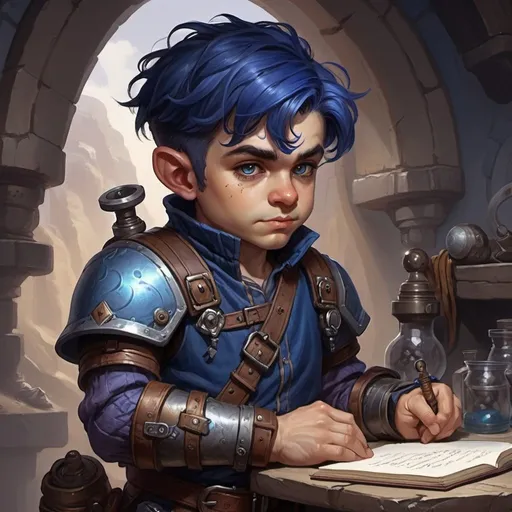 Prompt: dungeons and dragons fantasy art Halfling male artificer with dark blue  hair artificial arm workshop tinkerer