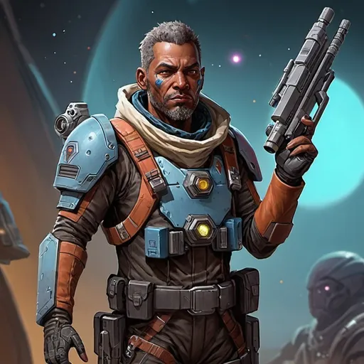 Prompt: Sci-fi starfinder space faring human man bounty hunter assassin with laser rifle