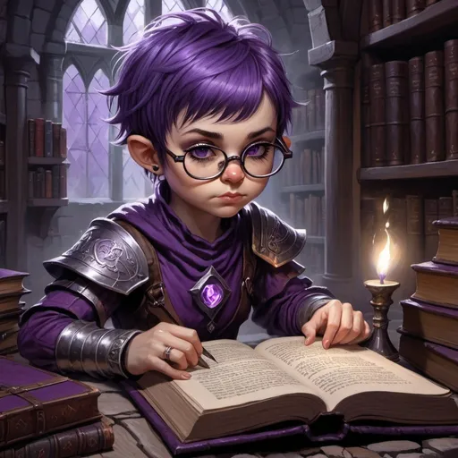 Prompt: dungeons and dragons, fantasy art, female halfling, dark purple and silver short hair, emo, punk, pierced nose, wearing glasses, wizard, casting spell, ancient library,