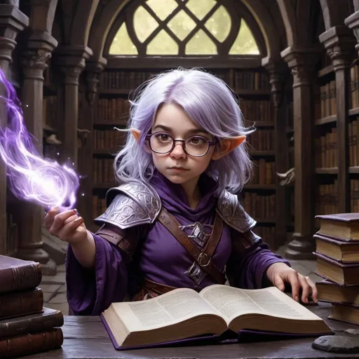 Prompt: dungeons and dragons, fantasy art, female halfling, dark purple and silver hair, wearing glasses, wizard, casting spell, ancient library,