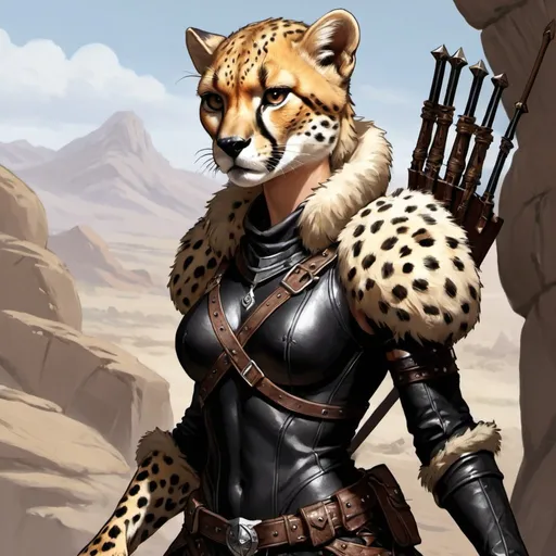 Prompt: dungeons and dragons, fantasy art, female cheetah-person, , cheetah, fur skin, Rogue, Black leather Armor, hand crossbow, adventurer