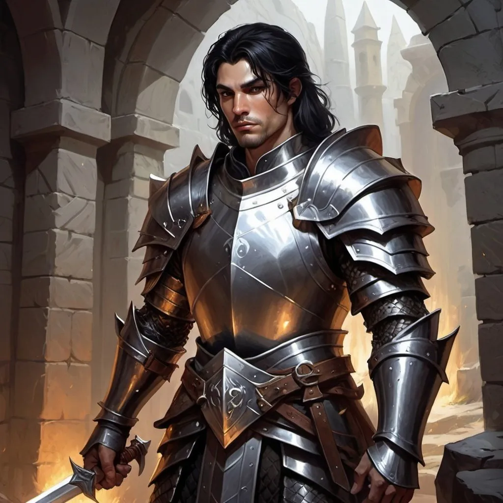 Prompt: dungeons and dragons, fantasy art, Human Male, Paladin, black hair, square jaw, Shiny plate mail armor, Holy sword, Adventurer, dark dank dungeon,