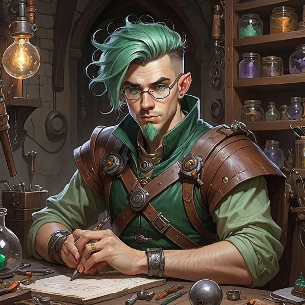 Prompt: dungeons and dragons fantasy art Halflingmale artificer with dark green hair workshop tinkerer