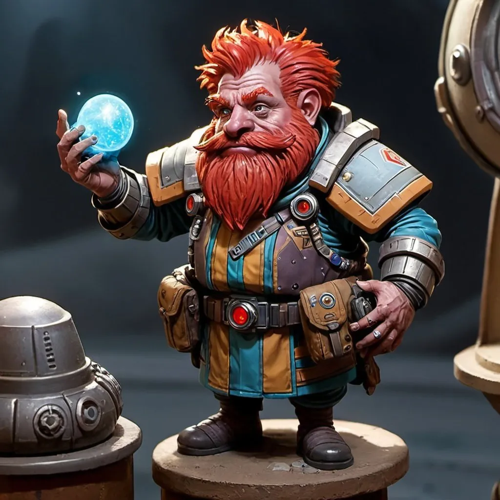 Prompt: Sci-fi starfinder space faring red headed Dwarf shopkeep junk dealer