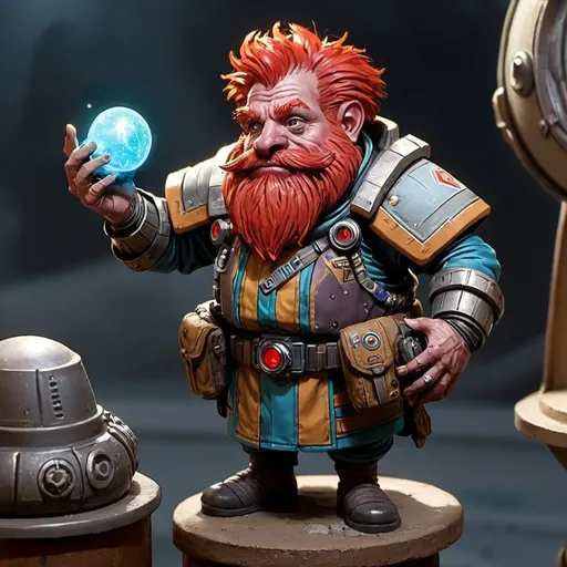 Prompt: Sci-fi starfinder space faring red headed Dwarf shopkeep junk dealer