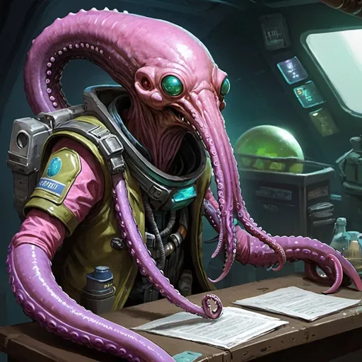 Prompt: Sci-fi starfinder space faring tentacle   alien shopkeep junk dealer