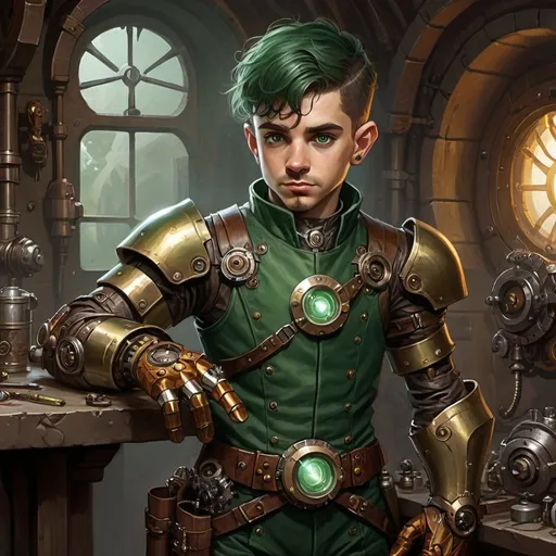 Prompt: dungeons and dragons, fantasy art, Halfling male, artificer, dark green hair, prosthetic clockwork arm, hazel eyes, workshop, tinkerer, clockwork iron-man suit, steampunk fantasy