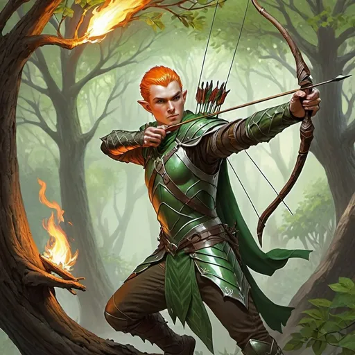 Prompt: dungeons and dragons, fantasy art, Elven Male, Ranger, long Bow, Shooting flaming arrow, green leaf armor, Adventurer, woods, perched in tree branches,