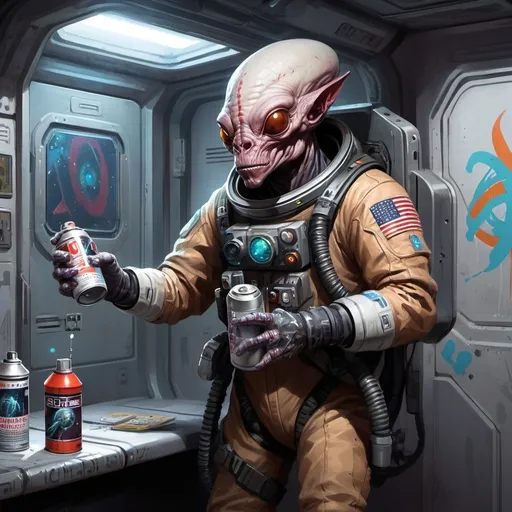 Prompt: sci-fi, starfinder, space faring, Space station graffiti, Space thug, alien criminal scum, spray can,