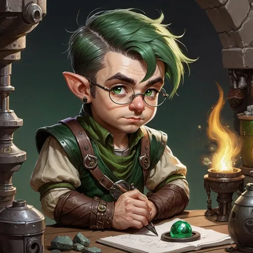 Prompt: dungeons and dragons fantasy art Halfling male artificer with dark green hair workshop tinkerer