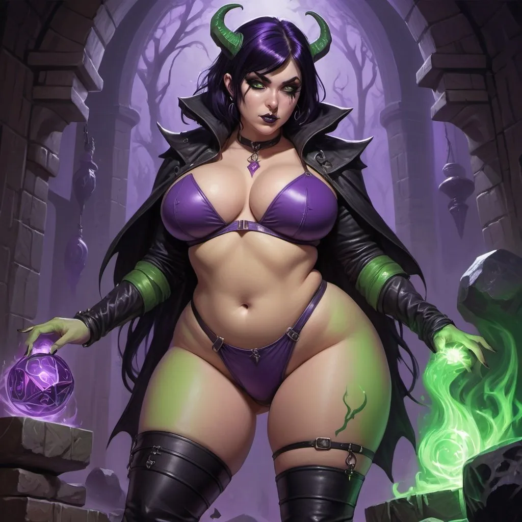 Prompt: dungeons and dragons, fantasy art, Human Female, warlock, thicc thighs, black hair, emo, goth, wearing Tiny leather thong, skimpy undies, casting purple and green eldritch spells, bent over,