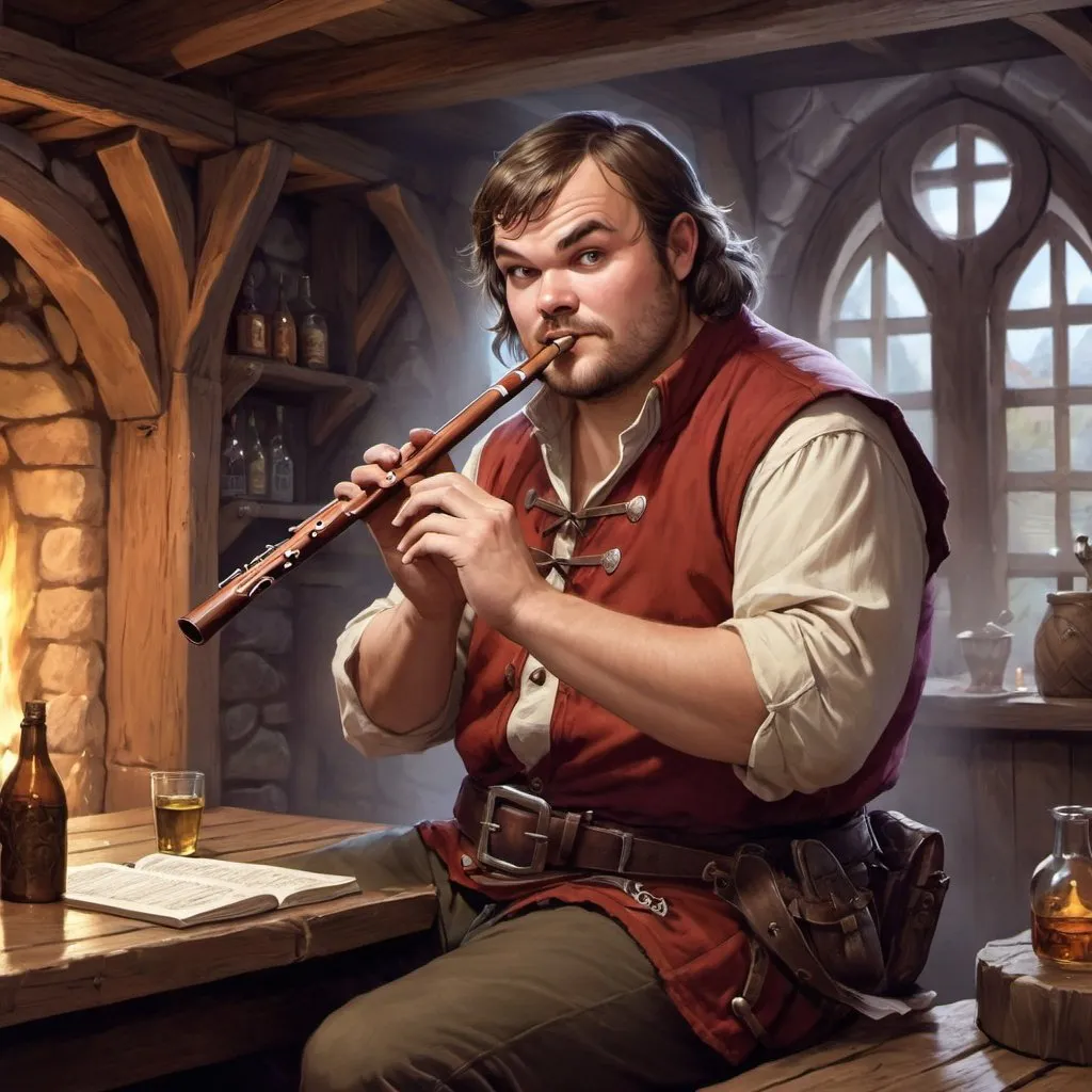 Prompt: dungeons and dragons, fantasy art, Human Male, Jack Black, bard, playing flute, Tavern, inn, adventurer