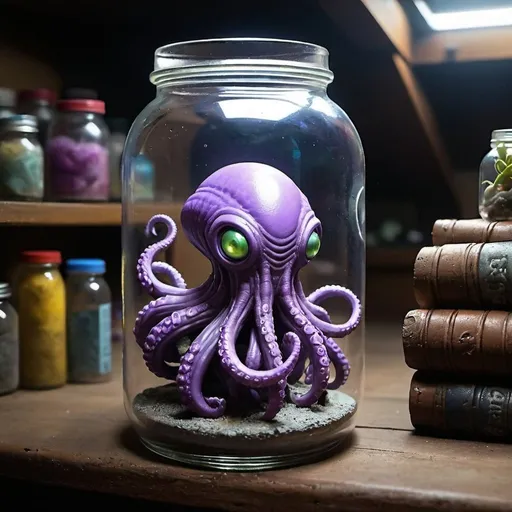 Prompt: Sci-fi starfinder space faring purple tentacle  in a jar alien shopkeep junk dealer