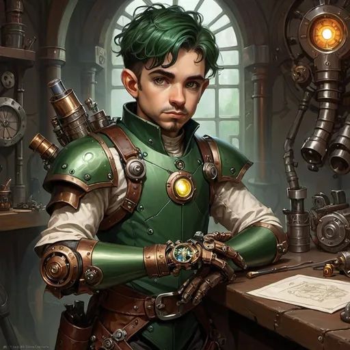 Prompt: dungeons and dragons, fantasy art, Halfling male, artificer, dark green hair, prosthetic clockwork arm, hazel eyes, workshop, tinkerer, clockwork iron-man suit, steampunk fantasy