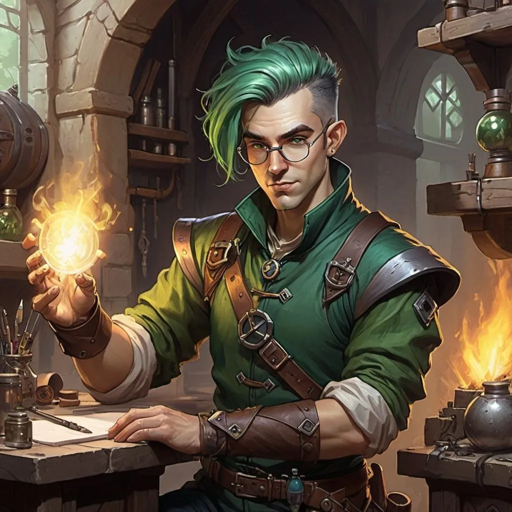 Prompt: dungeons and dragons fantasy art Halflingmale artificer with dark green hair workshop tinkerer