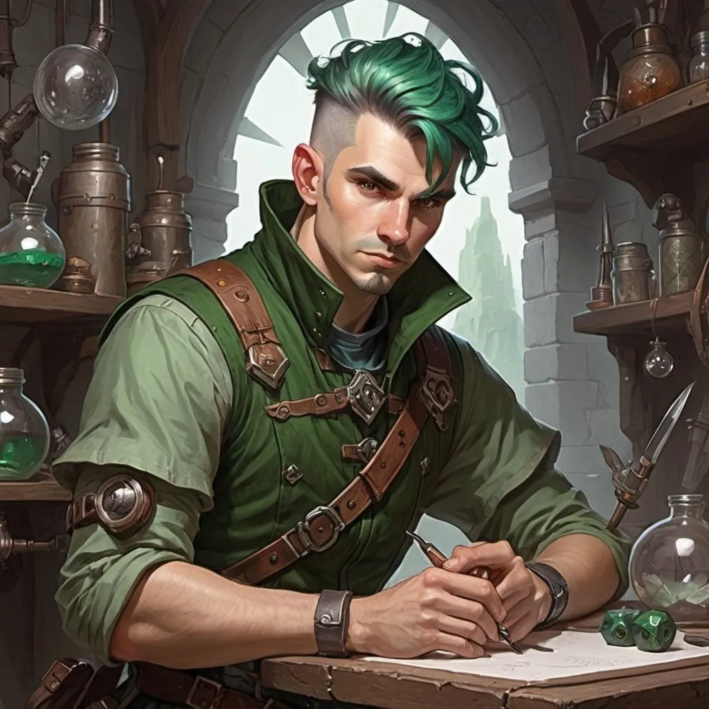 Prompt: dungeons and dragons fantasy art Halflingmale artificer with dark green hair workshop tinkerer