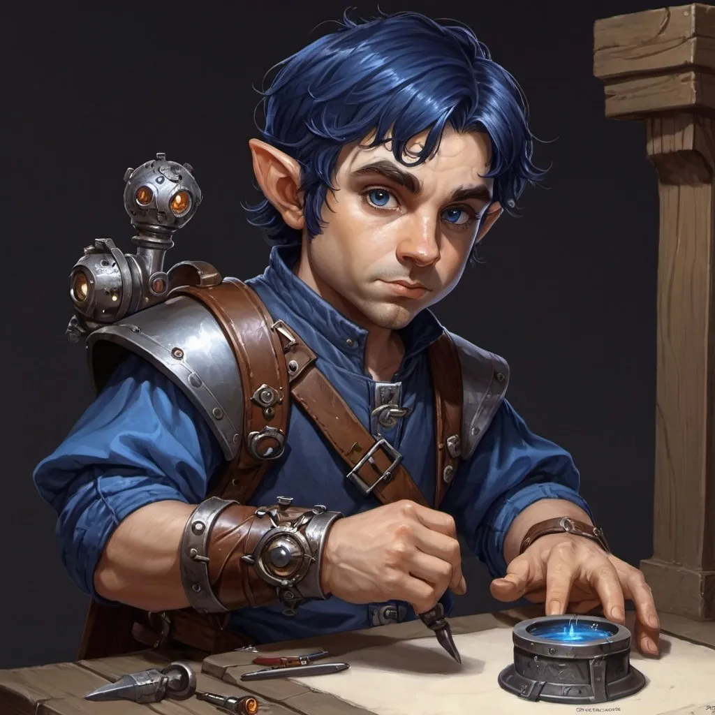 Prompt: dungeons and dragons, fantasy art, Halfling male, artificer, dark blue hair, artificial arm, hazel eyes, workshop, tinkerer