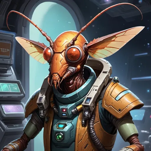 Prompt: Sci-fi starfinder space faring Insectoid shopkeep junk dealer