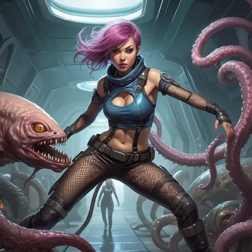 Prompt: sci fi starfinder space faring female human in fishnet leggings fighting tentacle monster
