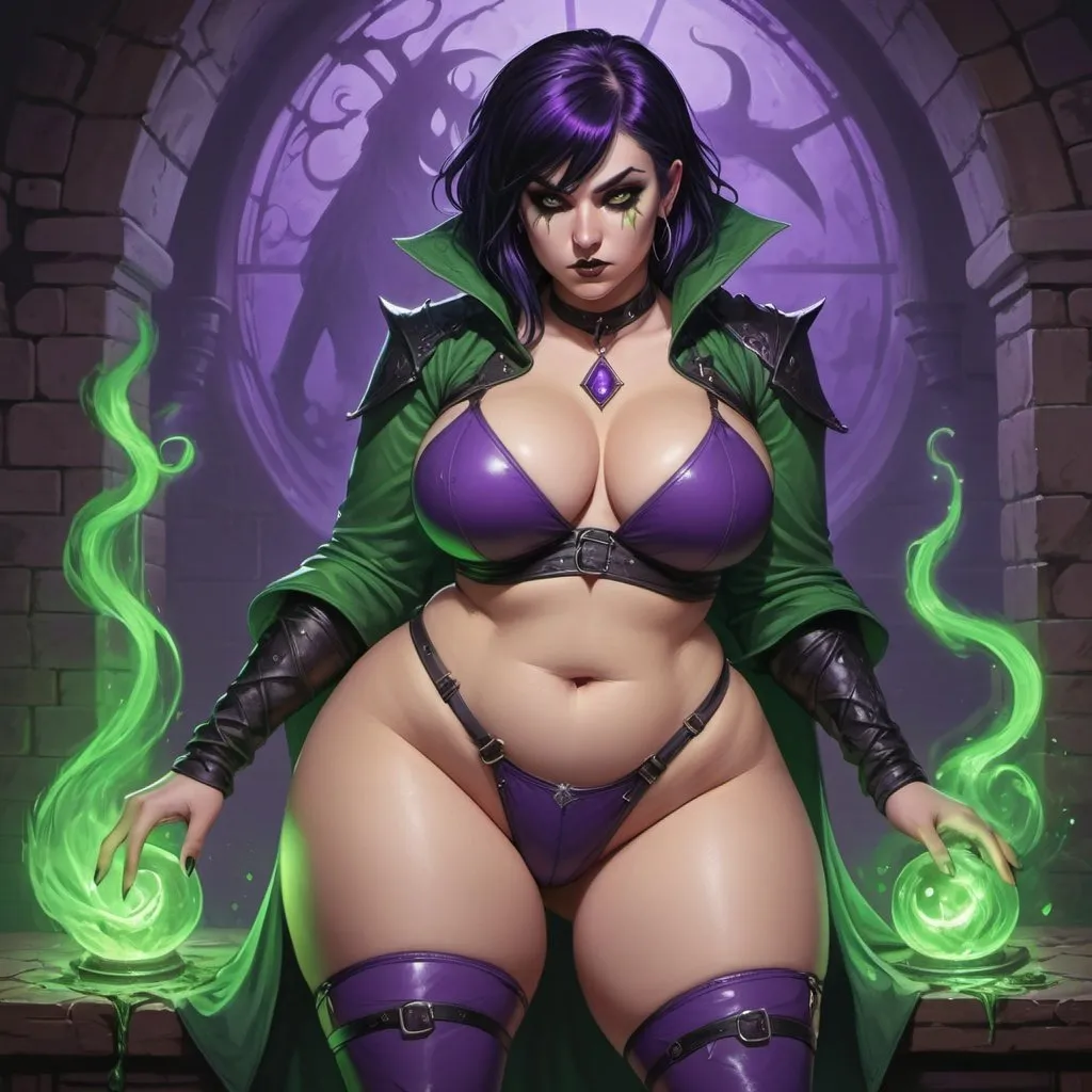 Prompt: dungeons and dragons, fantasy art, Human Female, warlock, thicc thighs, black hair, emo, goth, wearing Tiny leather thong, skimpy undies, casting purple and green eldritch spells, bent over,