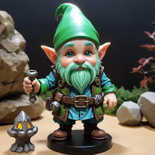 Prompt: dungeons and dragons fantasy art Gnome artificer with green hair workshop tinkerer