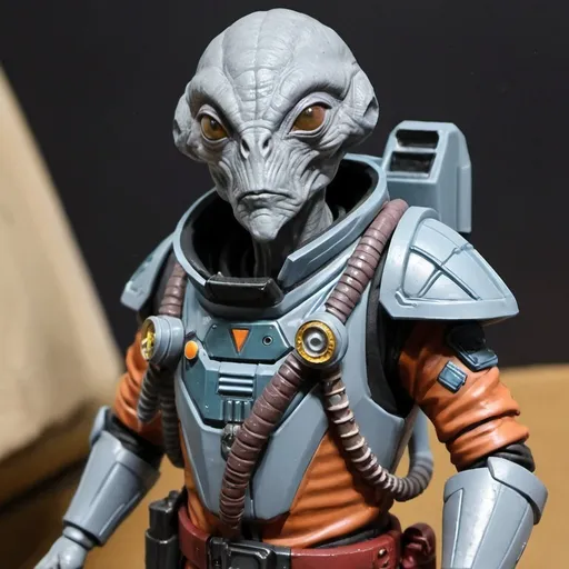 Prompt: Sci-fi starfinder space faring traditional gray alien bounty hunter