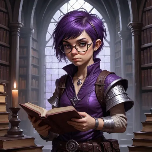 Prompt: dungeons and dragons, fantasy art, female halfling, dark purple and silver short hair, emo, punk, wearing glasses, wizard, casting spell, ancient library,