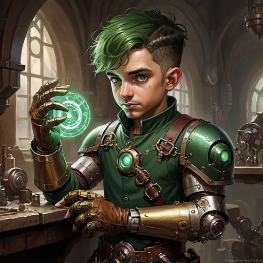 Prompt: dungeons and dragons, fantasy art, Halfling male, artificer, dark green hair, prosthetic clockwork arm, hazel eyes, workshop, tinkerer, clockwork iron-man suit, steampunk fantasy