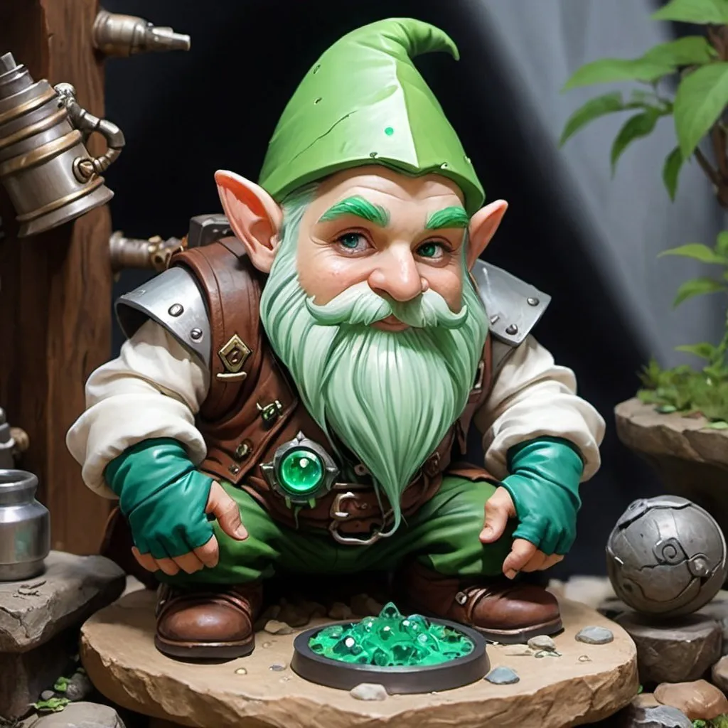 Prompt: dungeons and dragons fantasy art Gnome artificer with green hair workshop tinkerer