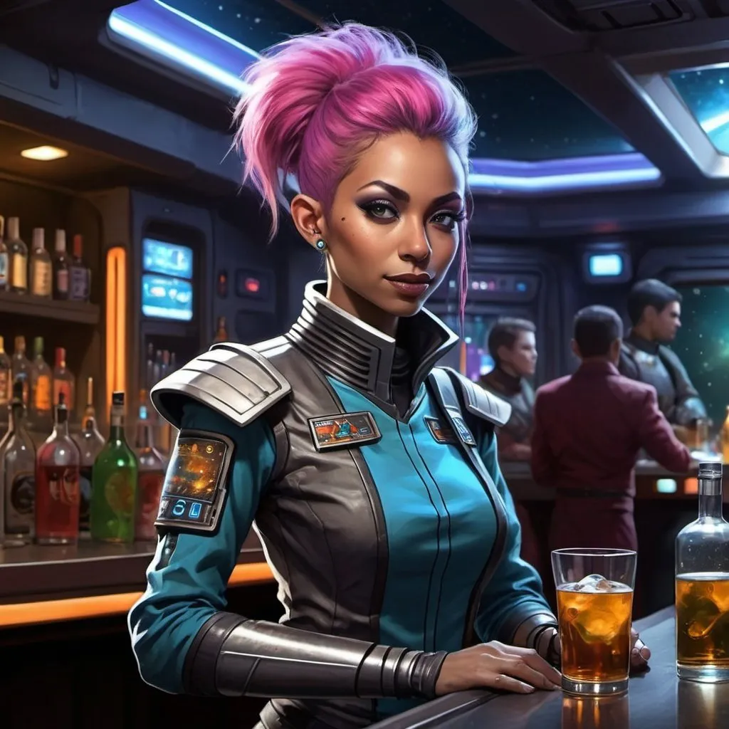 Prompt: Sci fi starfinder space faring Skinny Human night club bartender