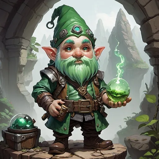Prompt: dungeons and dragons fantasy art Gnome artificer with green hair workshop tinkerer