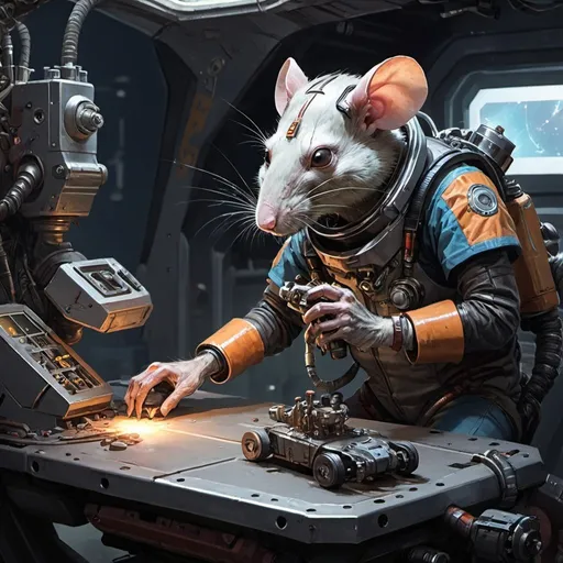 Prompt: sci fi starfinder space faring rat-person mechanic working on a broken mech

