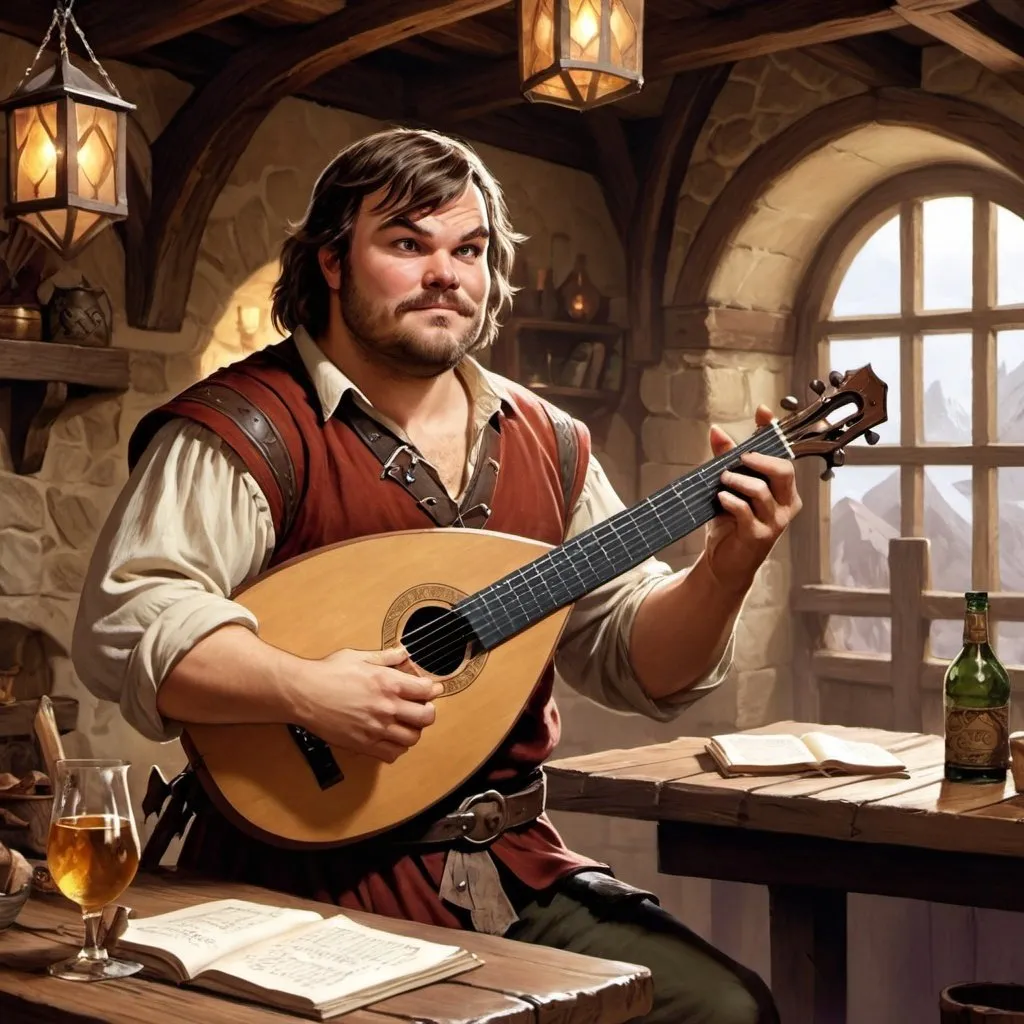 Prompt: dungeons and dragons, fantasy art, Human Male, Jack Black, bard, playing Lute, Tavern, inn, adventurer, 