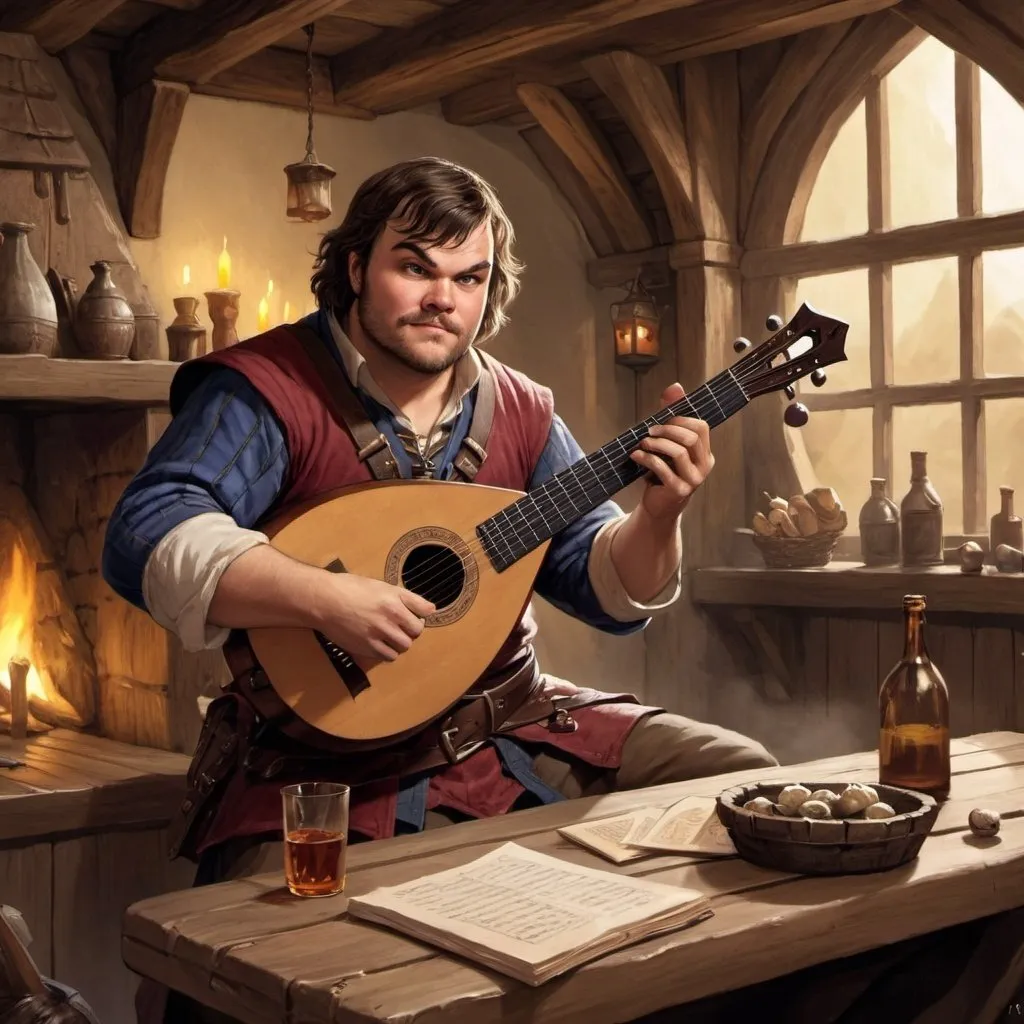 Prompt: dungeons and dragons, fantasy art, Human Male, Jack Black, bard, playing Lute, Tavern, inn, adventurer, 