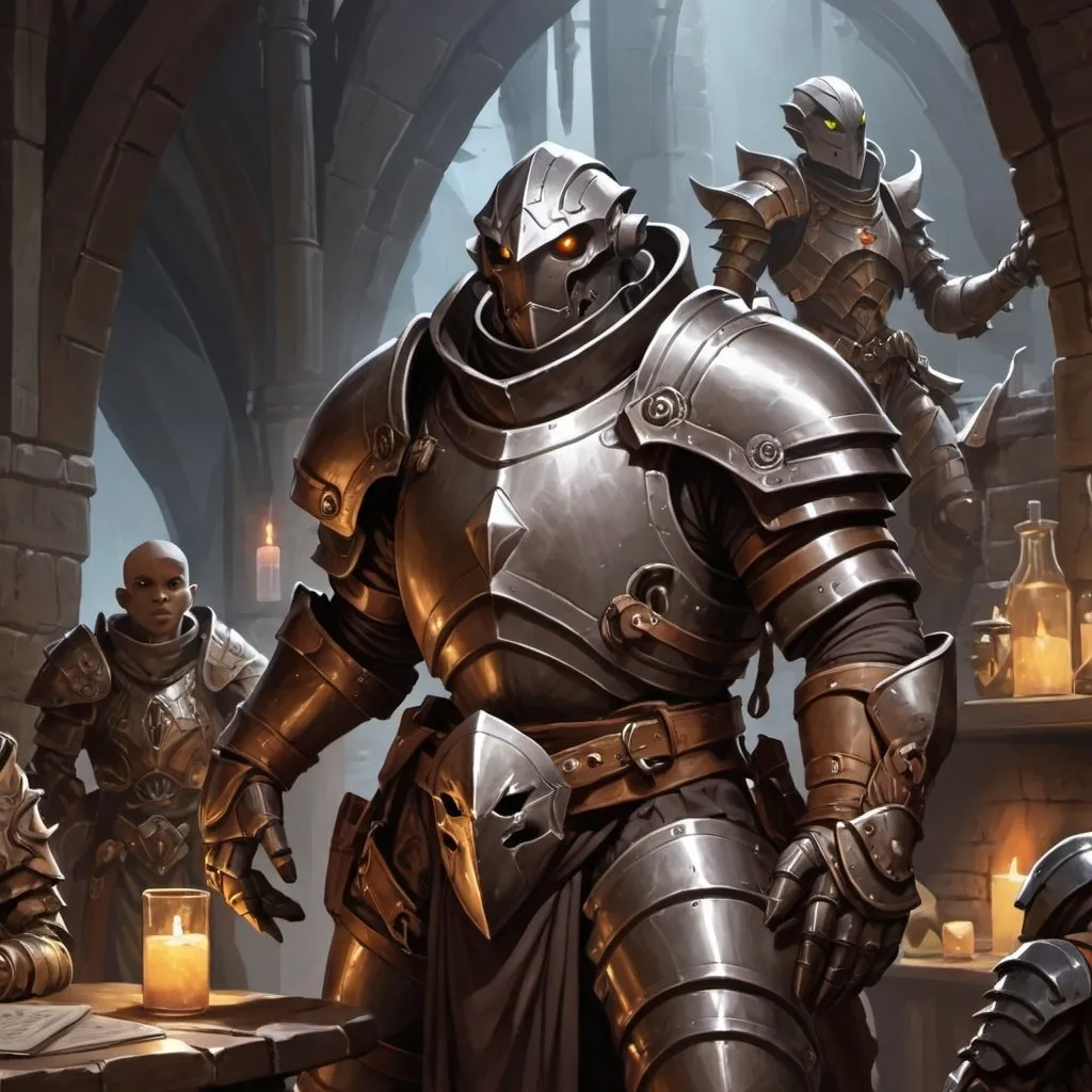 Prompt: dungeons and dragons, Warforged, Eberron, wayne reynolds, Adventurer, dark dank dungeon,